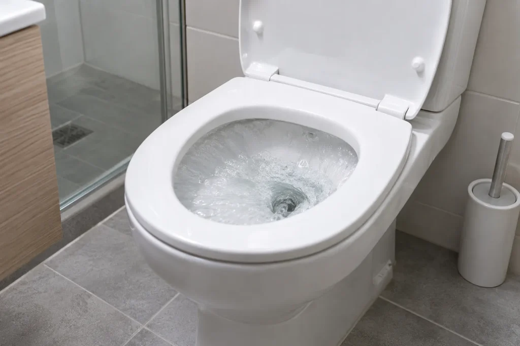 Vaso sanitário novo em banheiro residencial durante observação do ciclo de descarga.