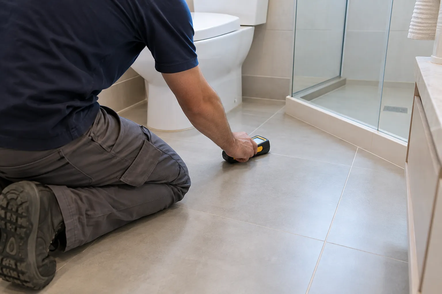 Técnico avaliando possível vazamento em piso antes de abrir o acabamento.