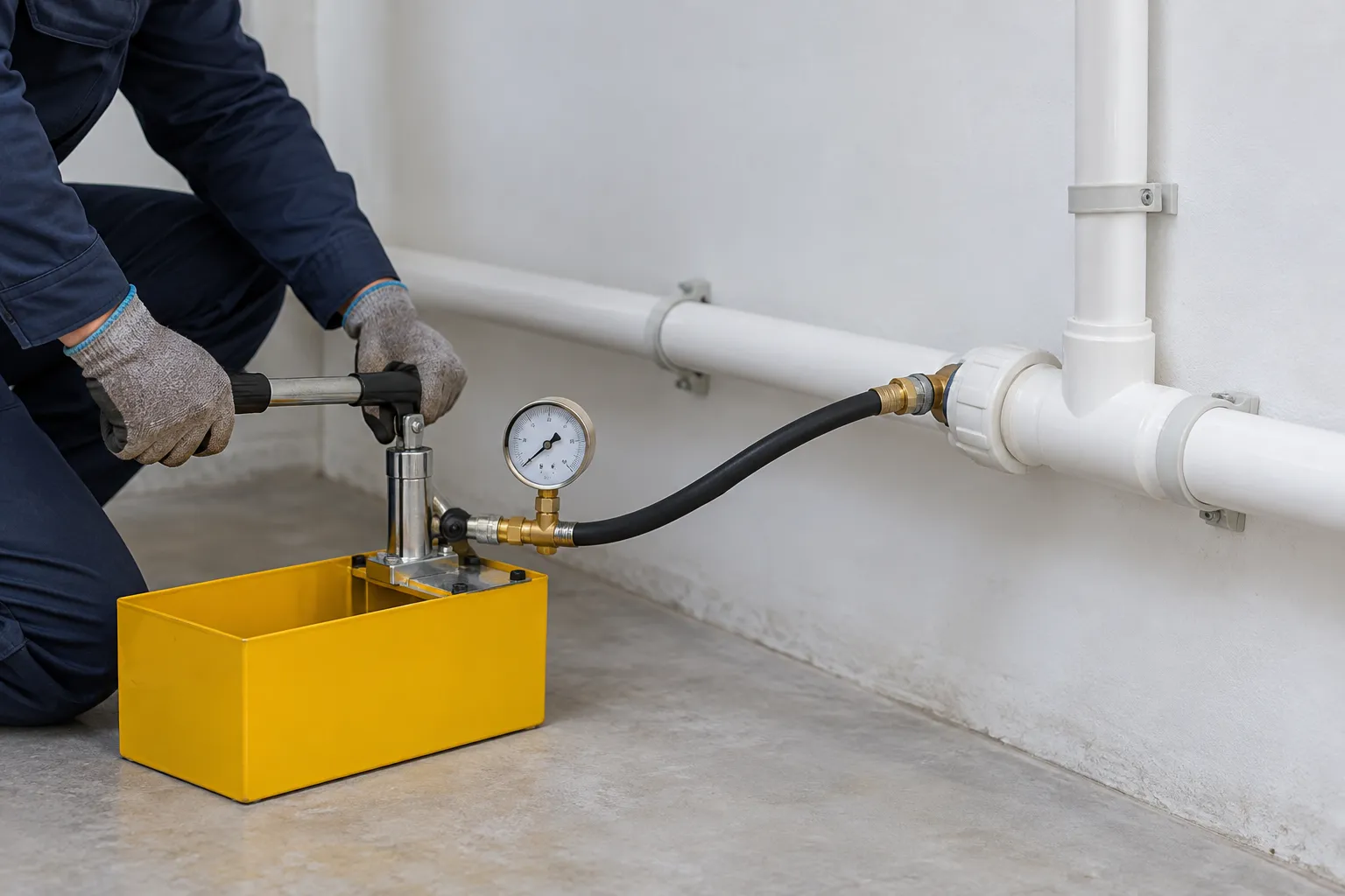 Técnico realiza teste de pressão em tubulação plástica de água quente.