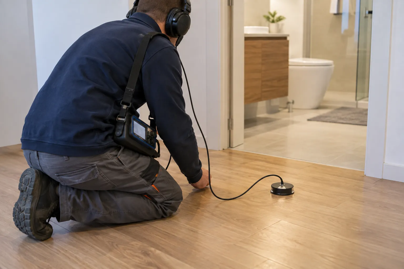 Técnico usando sensor de contato no piso durante investigação de vazamento.
