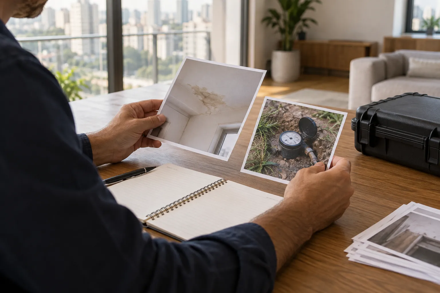 Técnico revisa fotos e anotações antes de investigar vazamento intermitente.