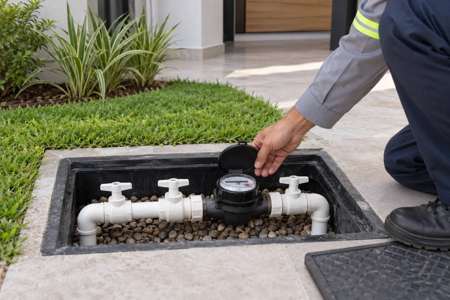 Técnico usa sensor acústico em piso seco para investigar consumo de água.