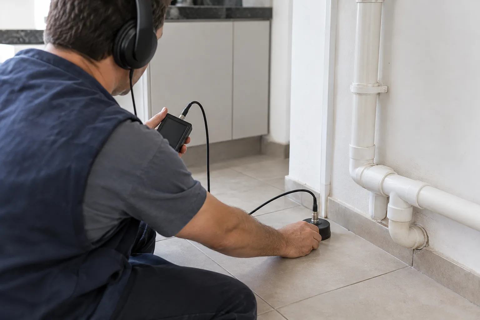 Técnico usa geofone no piso durante investigação de vazamento oculto.