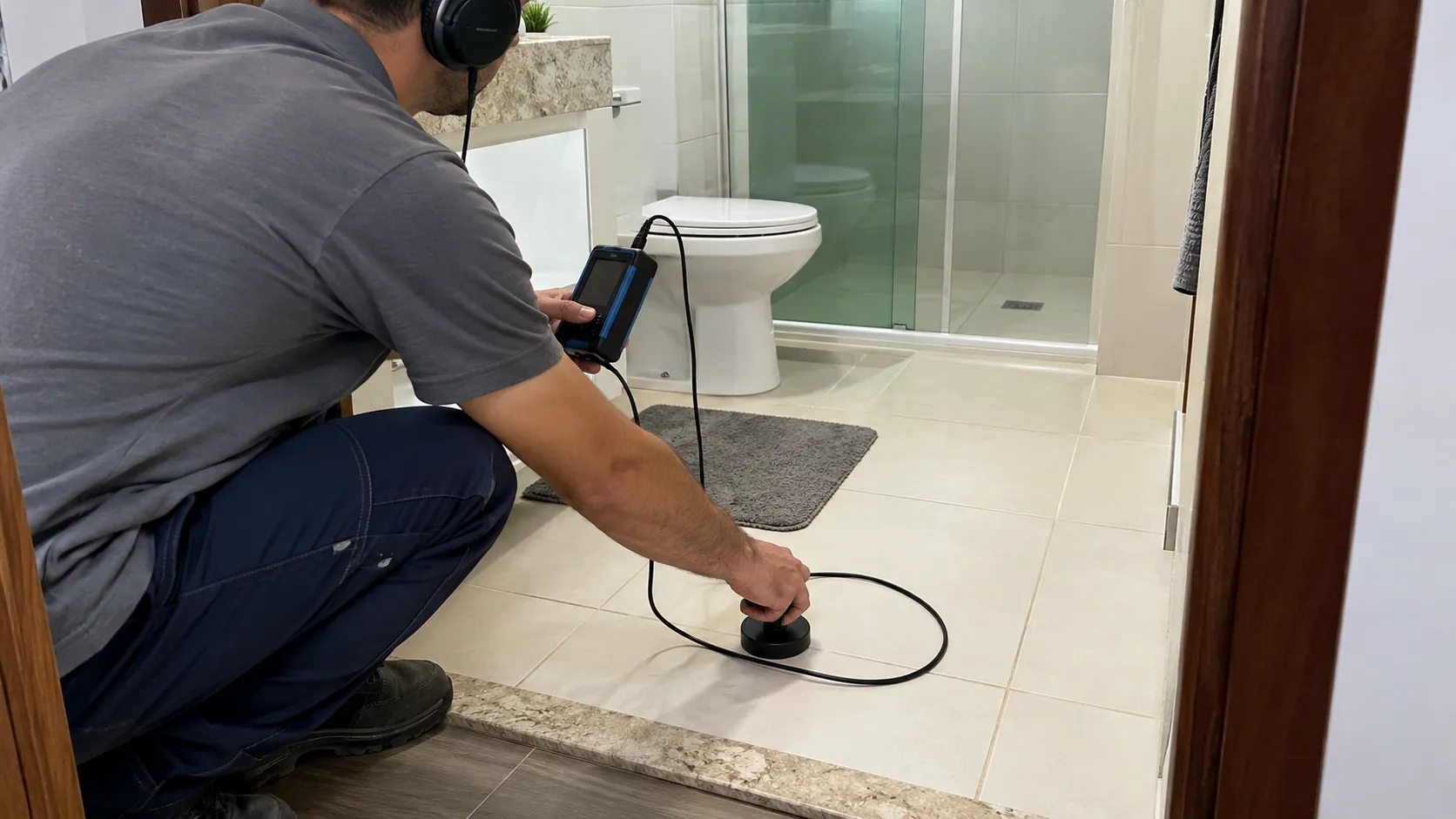 Técnico usando geofone conectado no piso próximo ao banheiro.