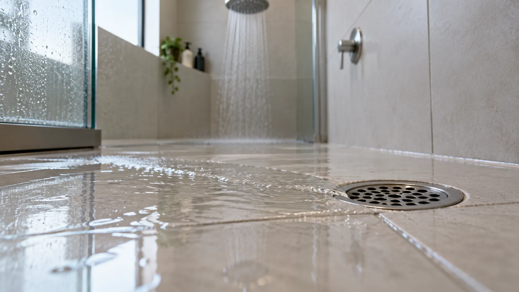Água limpa seguindo para ralo no piso de box residencial.